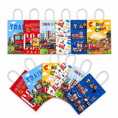 a set of 12 party favor bags featuring different train scenes and animals