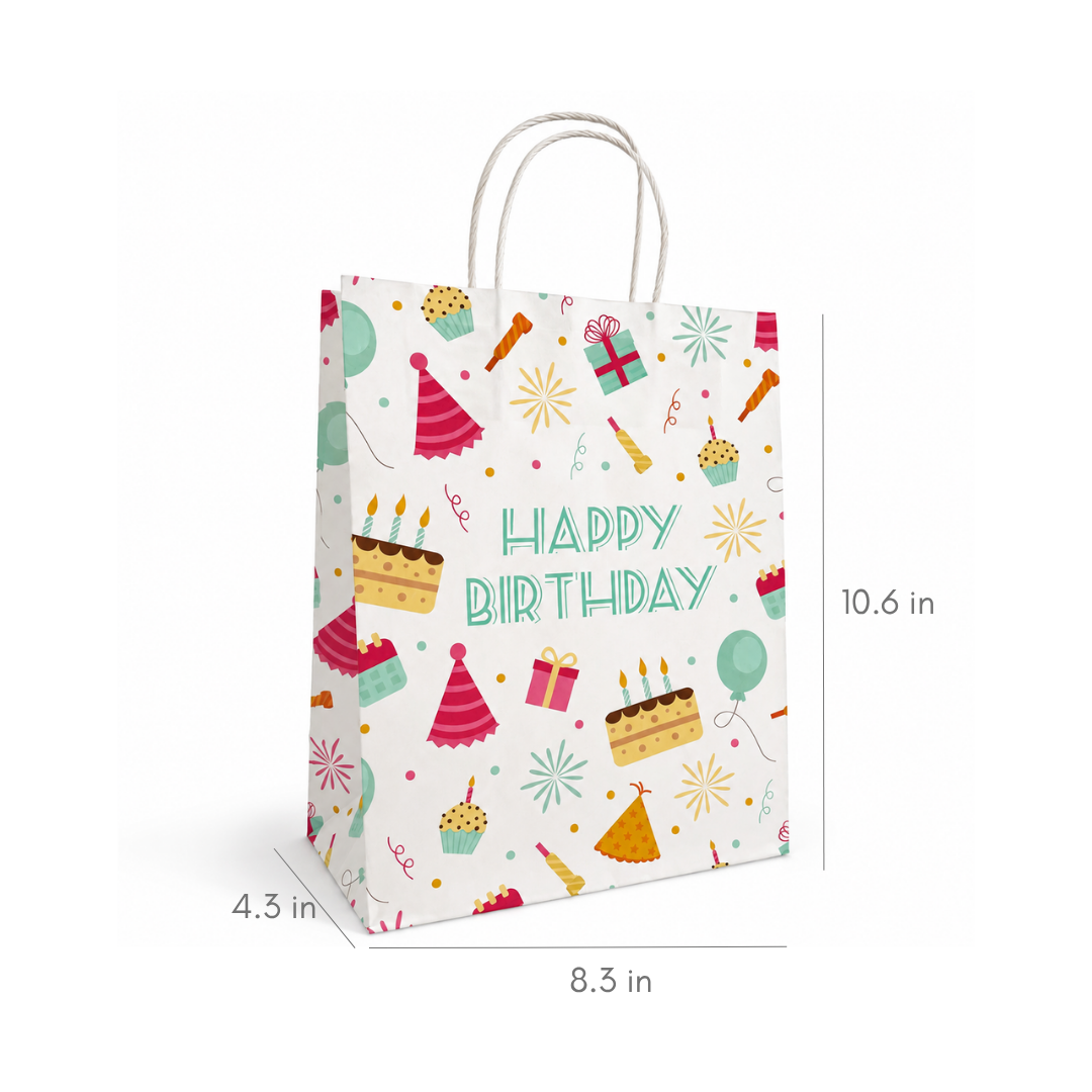 A white paper gift bag with a colorful 'Happy Birthday' party pattern, shown with dimension lines indicating its height of 10.6 in, width of 8.