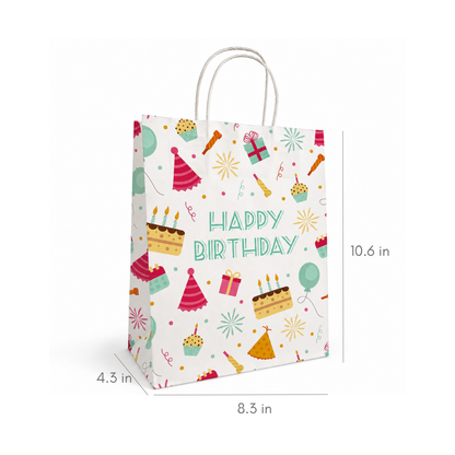 A white paper gift bag with a colorful 'Happy Birthday' party pattern, shown with dimension lines indicating its height of 10.6 in, width of 8.