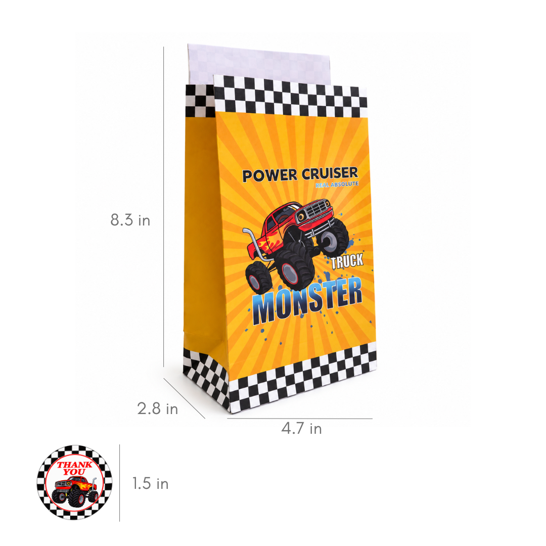 Monster truck paper party favor bag dimensions and size reference