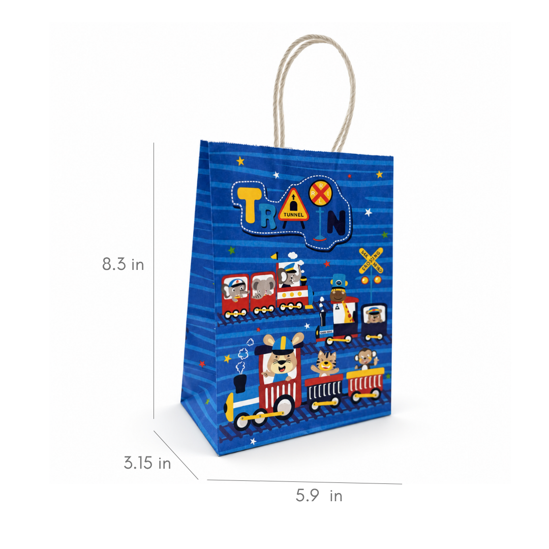 a blue party favor bag with train and animals with sizes. 