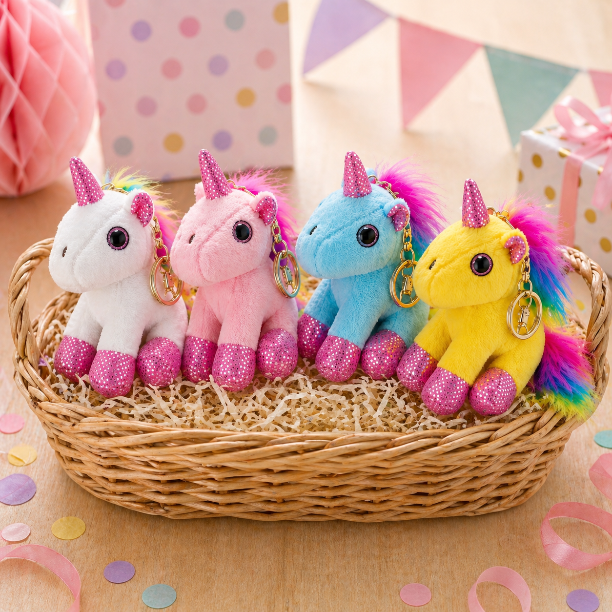 Four colorful unicorn plush toys with glittery hooves in a woven basket on a decorative background.