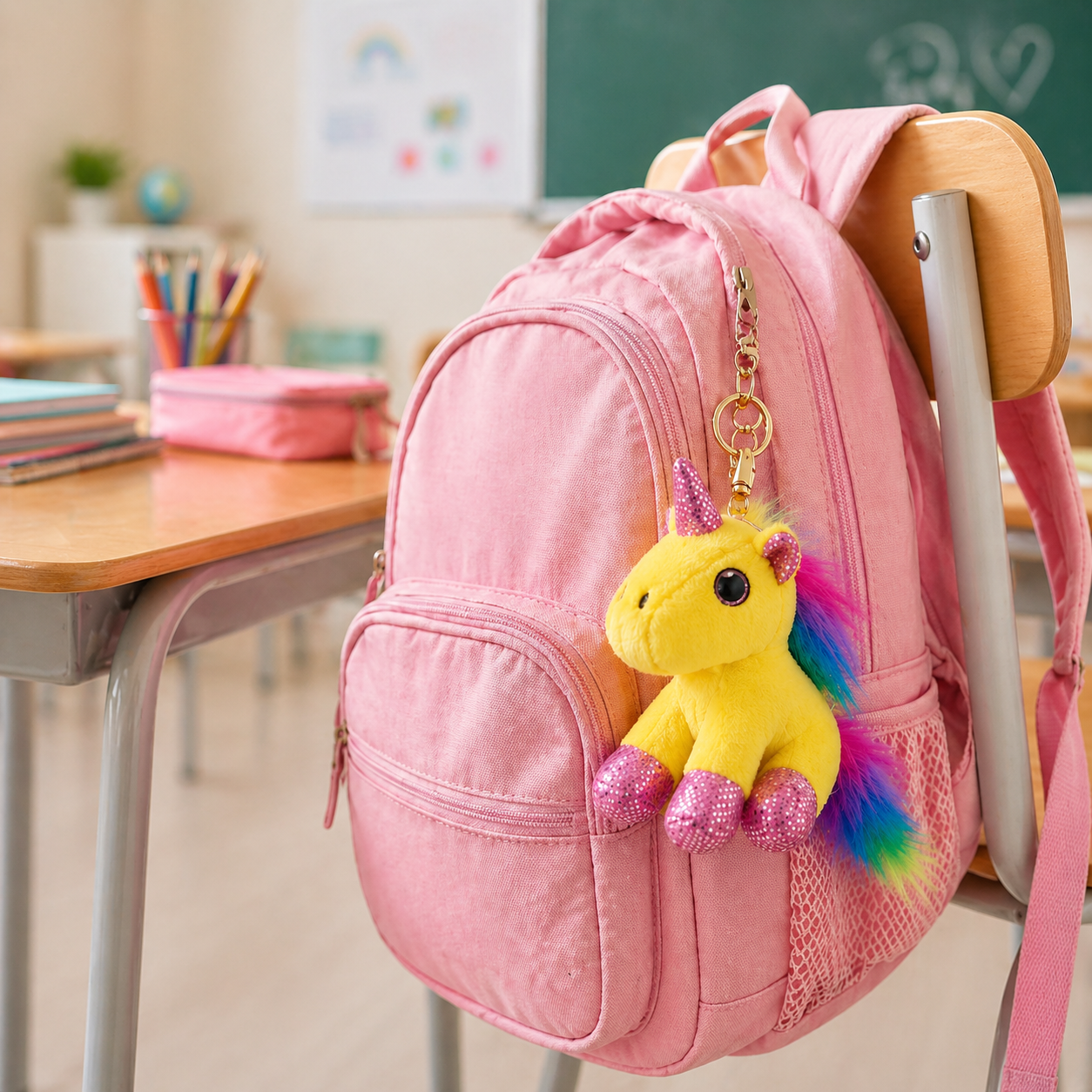 Pink backpack with a yellow unicorn keychain on a classroom desk.