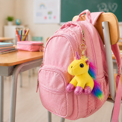 Pink backpack with a yellow unicorn keychain on a classroom desk.