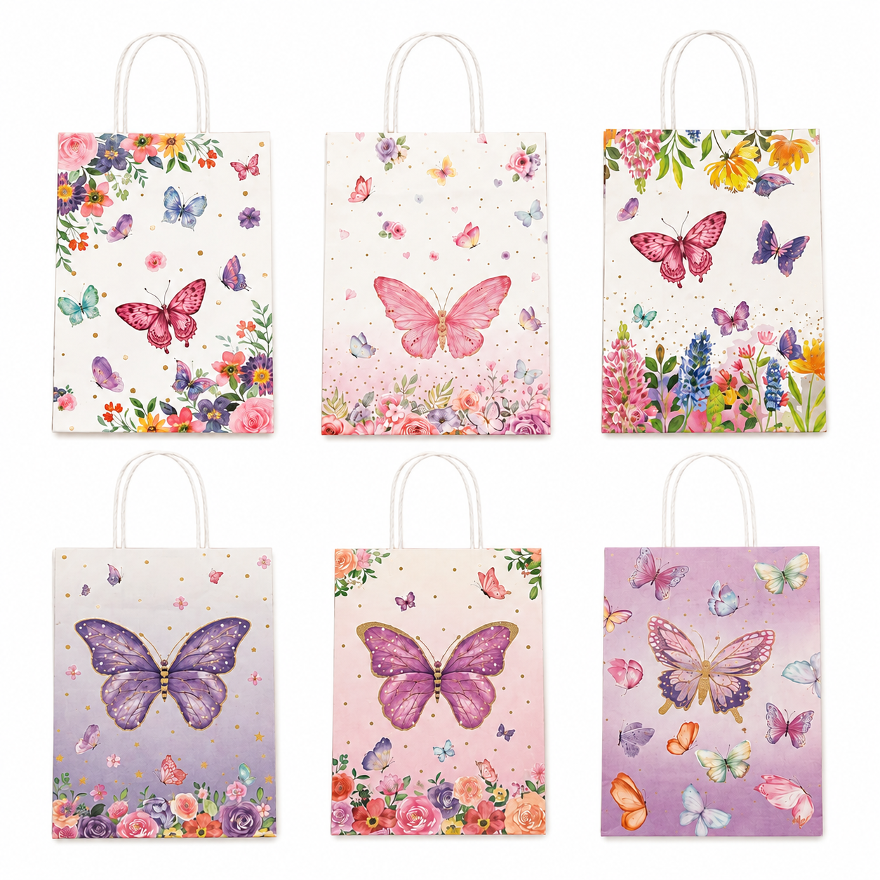 Six decorative paper shopping bags arranged in a 2x3 grid, each with white handles and a pastel watercolor-style butterfly and floral print in different colorways.