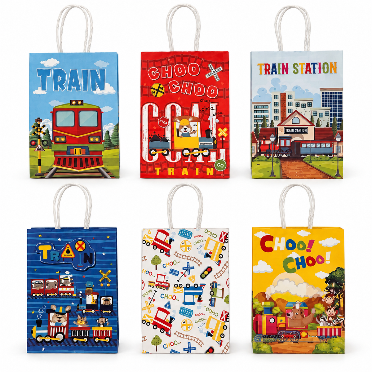 a set of 6 party favor bags featuring trains and animals on a white background
