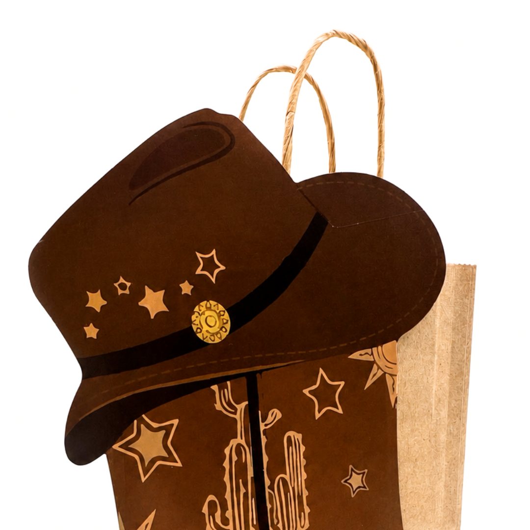 detail of a paper bag featuring a cowboy hat