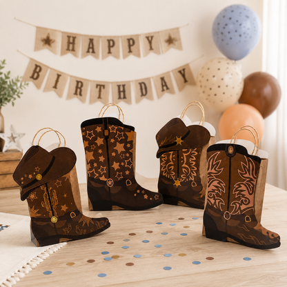 Western cowboy boot favor bags displayed on a birthday party table with balloons and simple party decorations