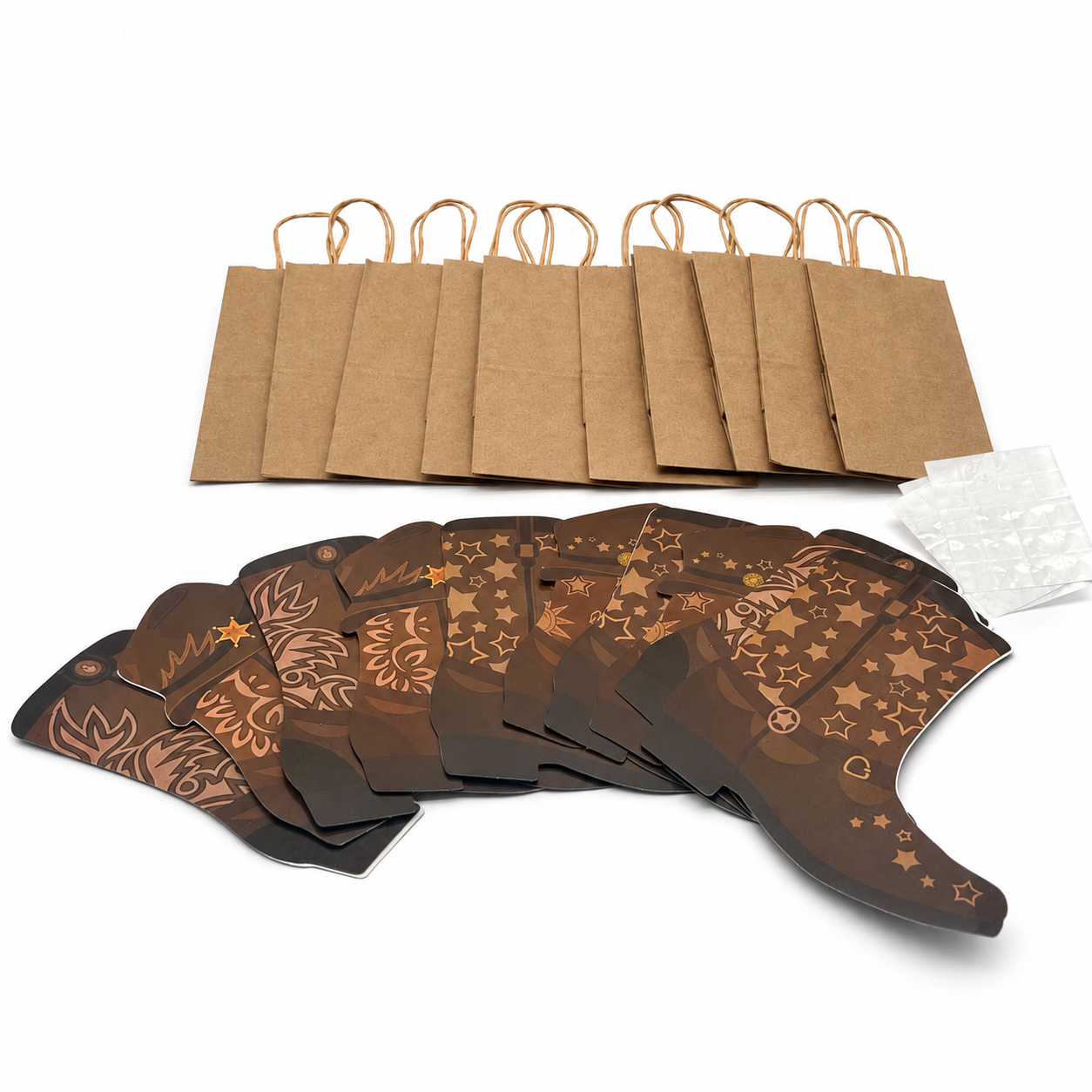 a set of 10 kraft paper bags and a series of boots shapes 