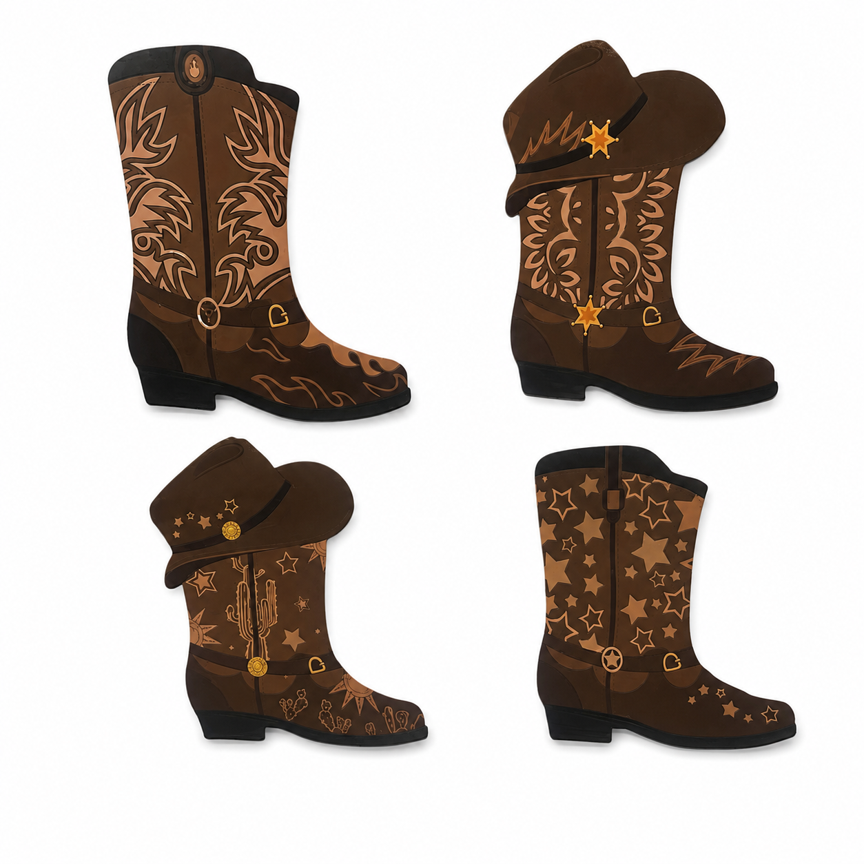4 shapes of western cowboy boots on a white background