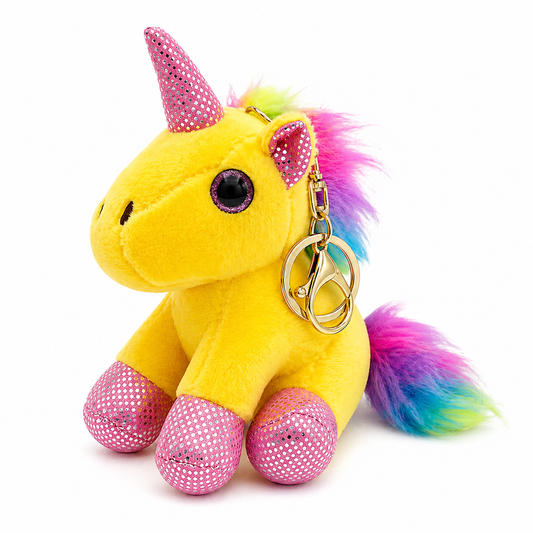 Yellow plush unicorn keychain with rainbow hair on a white background